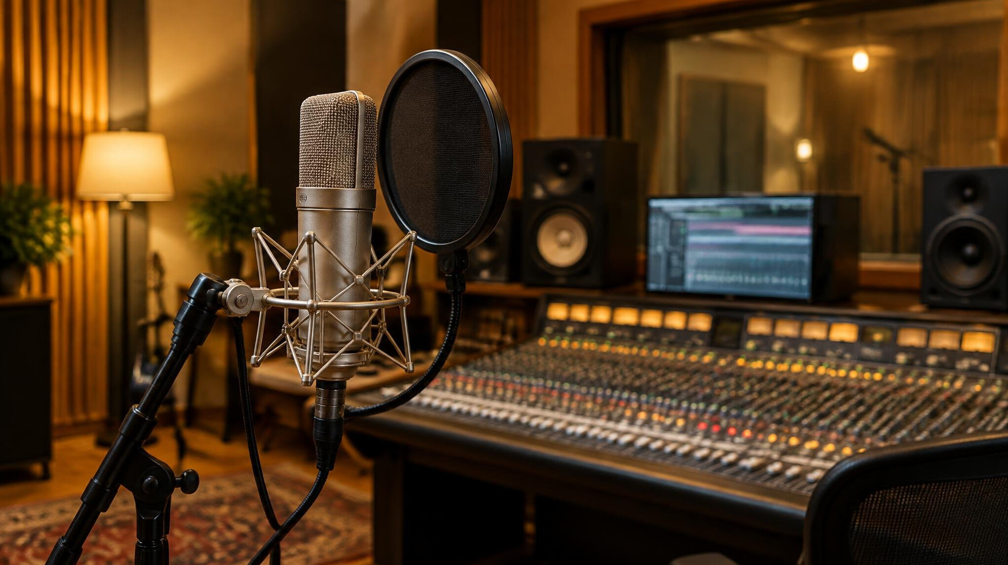Audio recording studio with microphone and mixing desk
