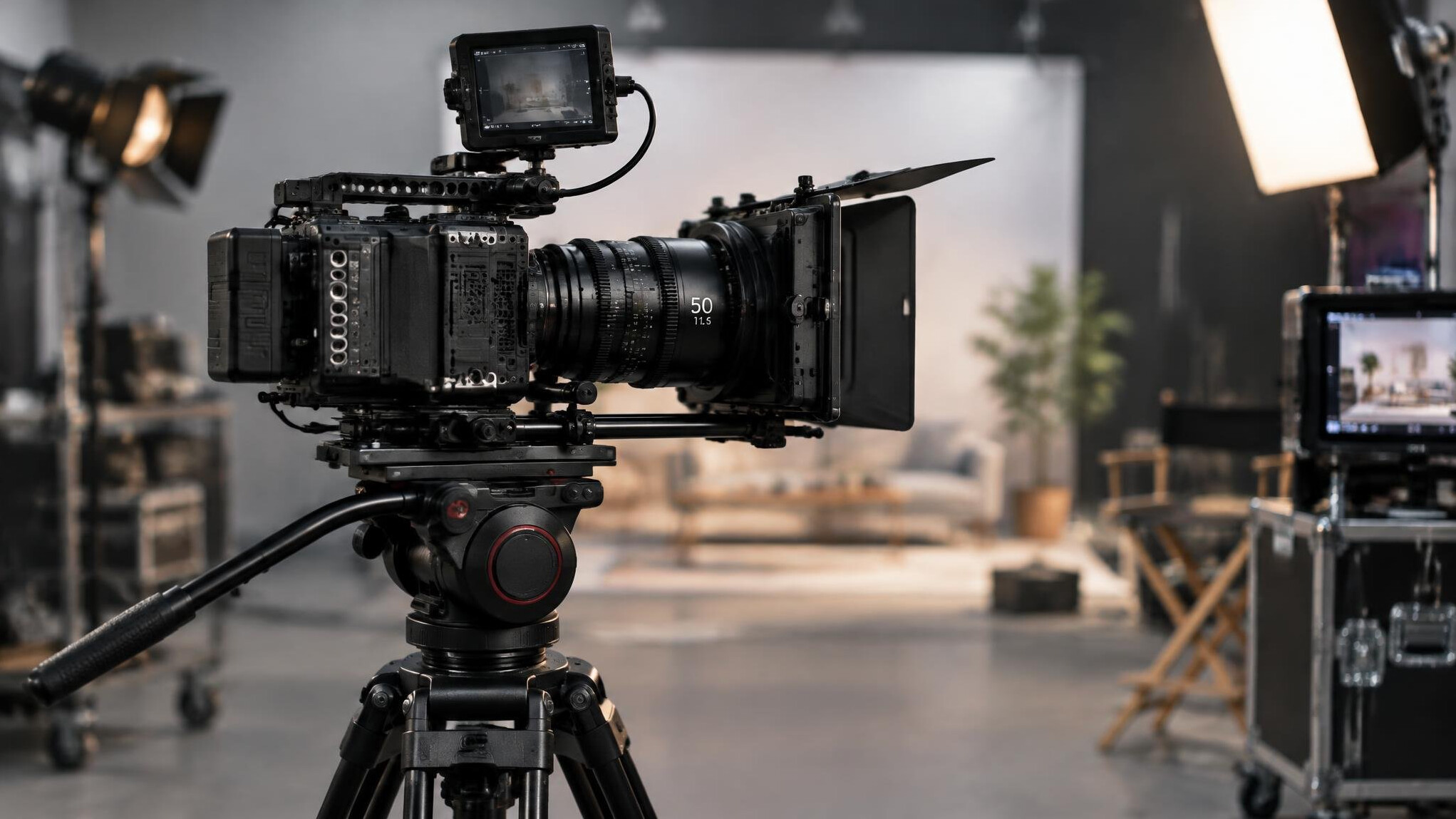 Professional film camera on a set ready for shooting