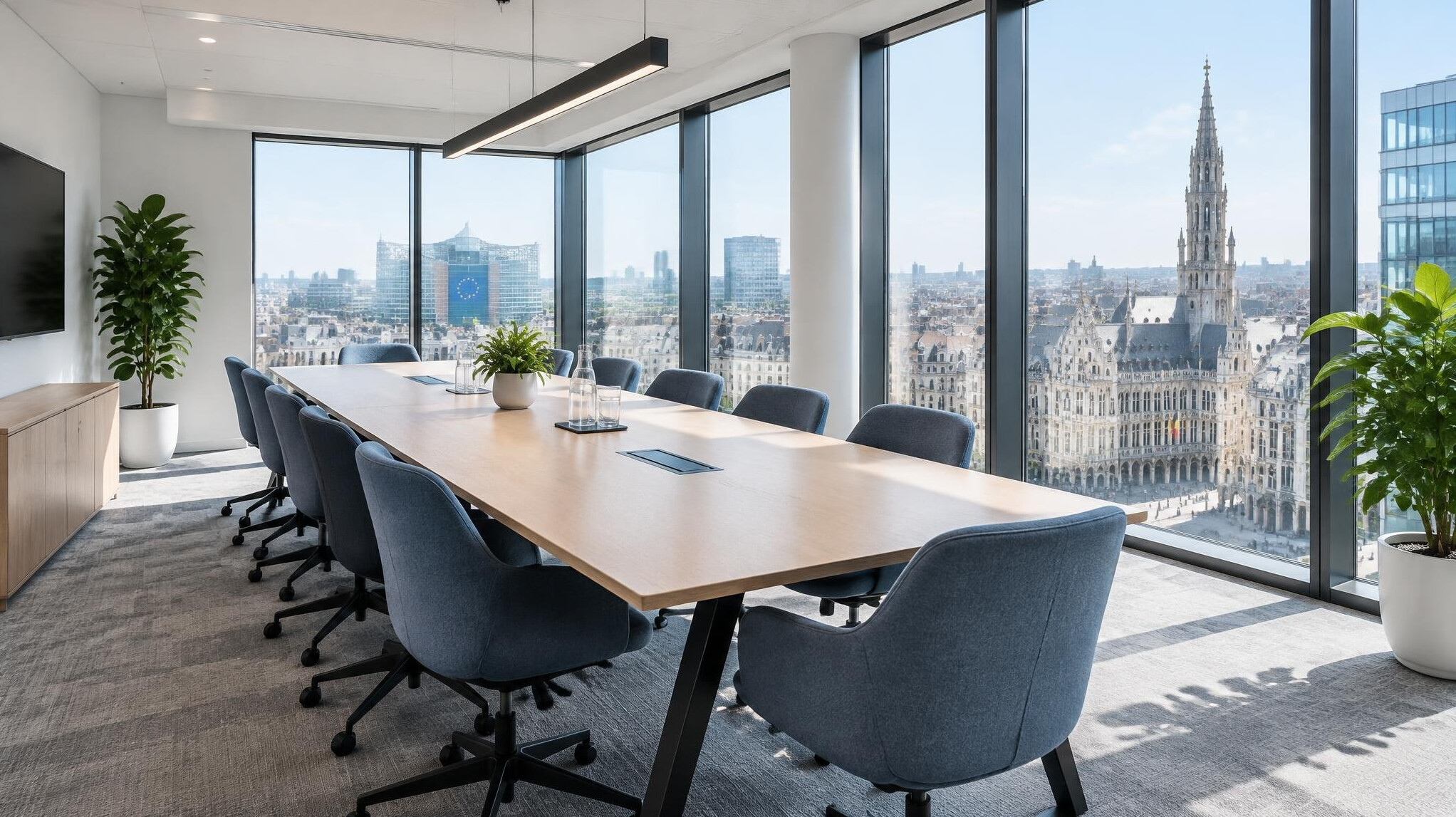 Bright meeting room with a table and chairs