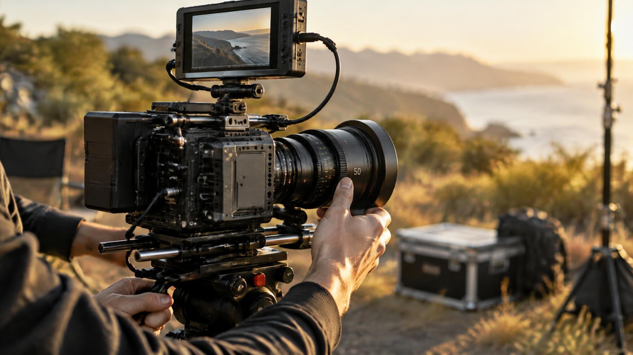 Cinema camera set up on location for a shoot