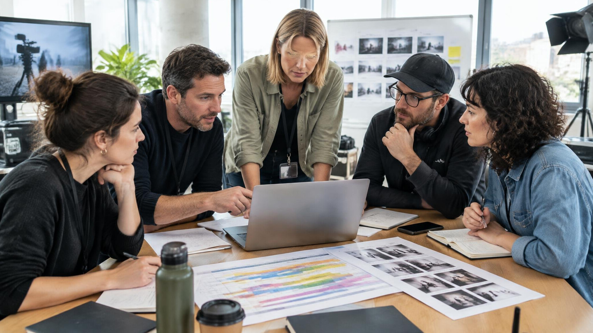 Team coordinating a project together at a desk